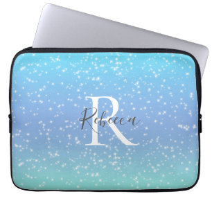 Housse Pour Ordinateur Portable Monogramme Nom Initial Bleu Vert Étincelle Féminin