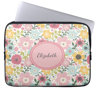 Housse Pour Ordinateur Portable Monogramme Nom Rose Jaune Bleu Floral Féminin