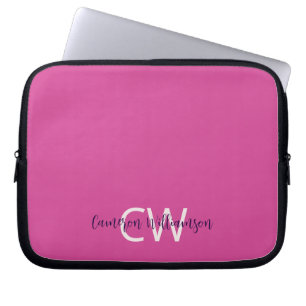 Housse Pour Ordinateur Portable Monogramme Nom Sophistiqué Solide Vibrant Rose