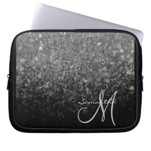 Housse Pour Ordinateur Portable Monogramme ombré pailleté argent et noir moderne