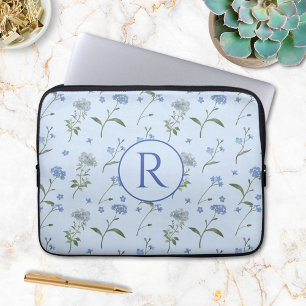 Housse Pour Ordinateur Portable Monogramme Oubliez-Moi Pas Aquarelle Florale Bleue