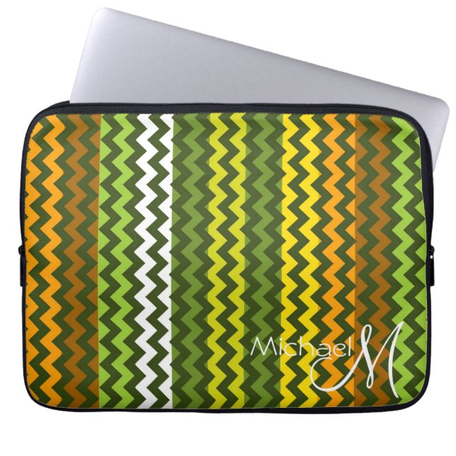 Housse Pour Ordinateur Portable Monogramme personnalisé chevron zigzag vert jaune  (Devant)