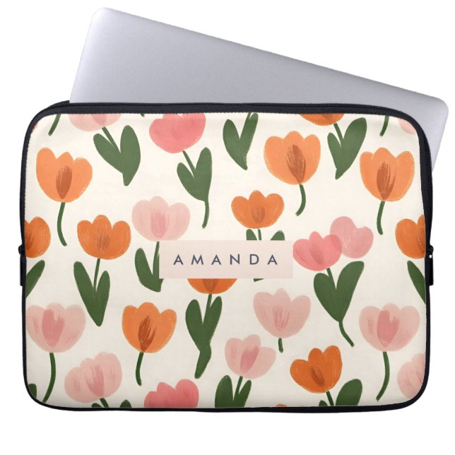 Housse Pour Ordinateur Portable Monogramme Personnalisé Cute Spring Tulip Motif (Devant)