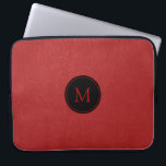 Housse Pour Ordinateur Portable Monogramme personnalisé en cuir Vintage rouge<br><div class="desc">Image en cuir vintage rouge avec monogramme personnalisable et cercle noir</div>