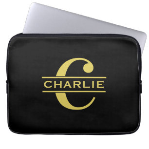 Housse Pour Ordinateur Portable Monogramme Personnalisé Et Nom Noir Et Or