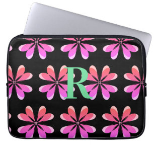 Housse Pour Ordinateur Portable Monogramme personnalisé noir rose rétro floral