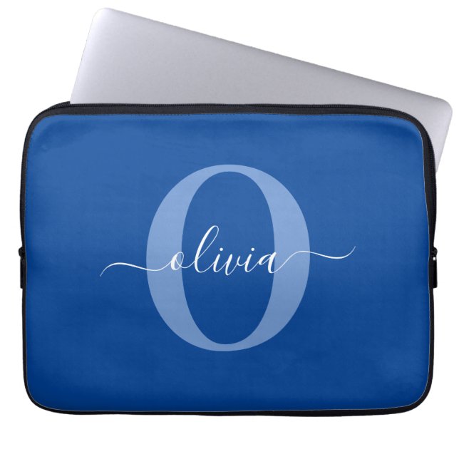Housse Pour Ordinateur Portable Monogramme personnalisé Nom du script Bleu Blanc (Devant)