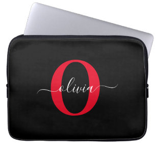 Housse Pour Ordinateur Portable Monogramme personnalisé Nom du script Noir Blanc R