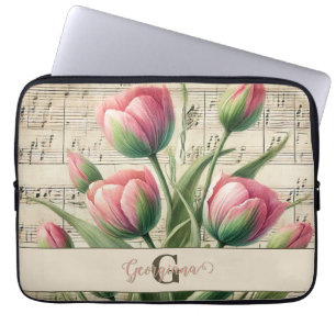 Housse Pour Ordinateur Portable Monogramme Pink & Green Vintage Tulips Partition M
