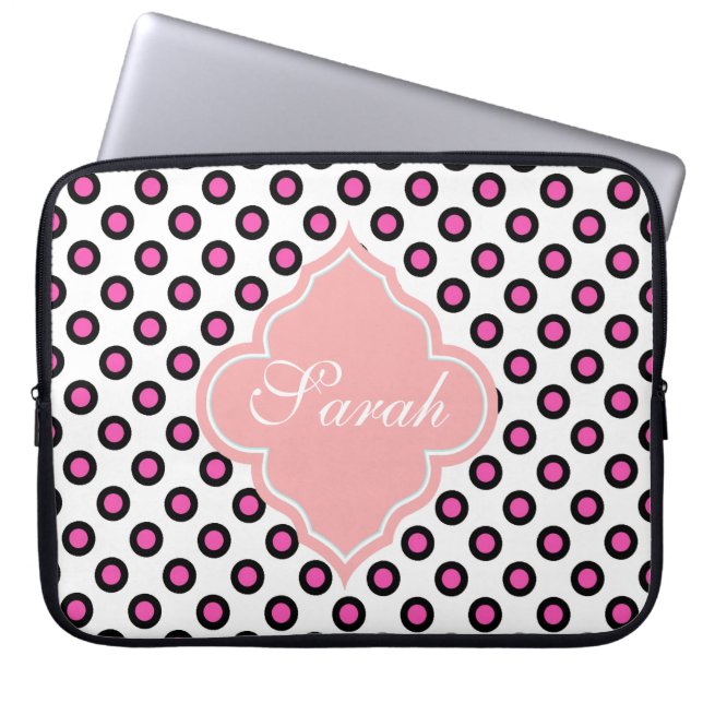 Housse Pour Ordinateur Portable monogramme pois rose et noir (Devant)
