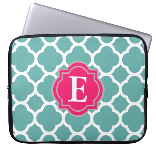Housse Pour Ordinateur Portable Monogramme Quatrefoil Bleu Clair et Rose (Devant)