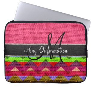 Housse Pour Ordinateur Portable Monogramme rose Chevron Zigzag Burlap Jute