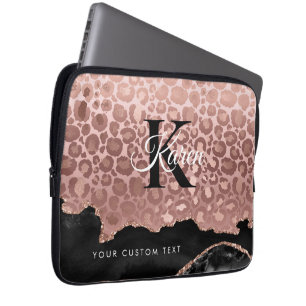 Housse Pour Ordinateur Portable Monogramme Rose Léopard Or Et Marbre Noir