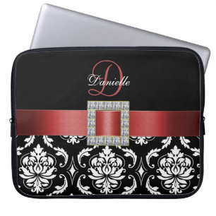 HOUSSE POUR ORDINATEUR PORTABLE MONOGRAMME ROUGE ET NOIR DE DAMASSÉ