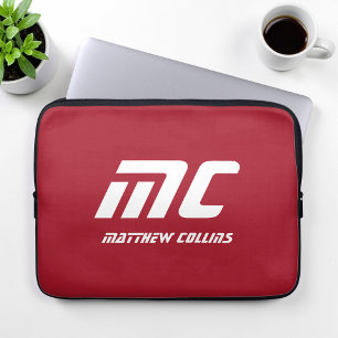 Housse Pour Ordinateur Portable Monogramme rouge Nom minimaliste Texte blanc perso