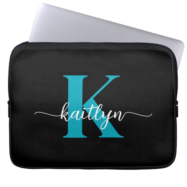 Housse Pour Ordinateur Portable Monogramme sarcelle noir (Devant)