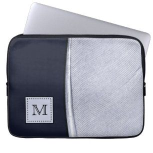 Housse Pour Ordinateur Portable Monogramme sophistiqué de plume de marine et