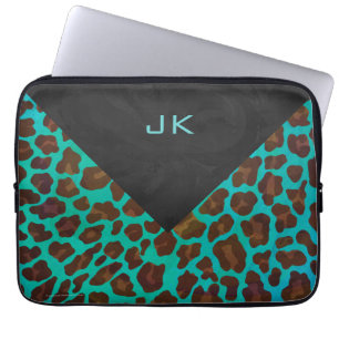Housse Pour Ordinateur Portable Monogramme Teal et léopard Brown