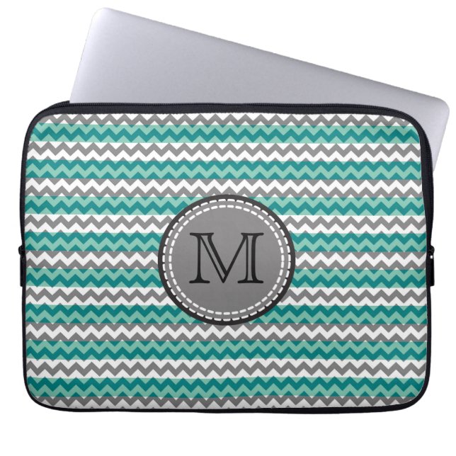 Housse Pour Ordinateur Portable Monogramme Turquoise et Grey Chevron Zigzag (Devant)