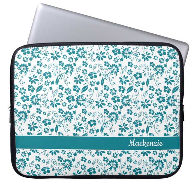 Housse Pour Ordinateur Portable Monogramme Turquoise Turquoise Fleurs tropicales (Devant)