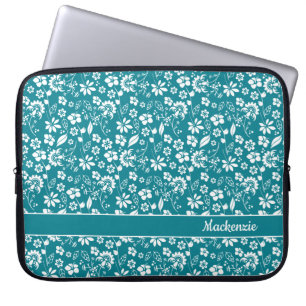 Housse Pour Ordinateur Portable Monogramme Turquoise Turquoise Fleurs tropicales