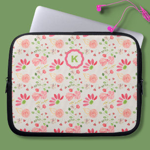 Housse Pour Ordinateur Portable Monogramme végétal rose et vert