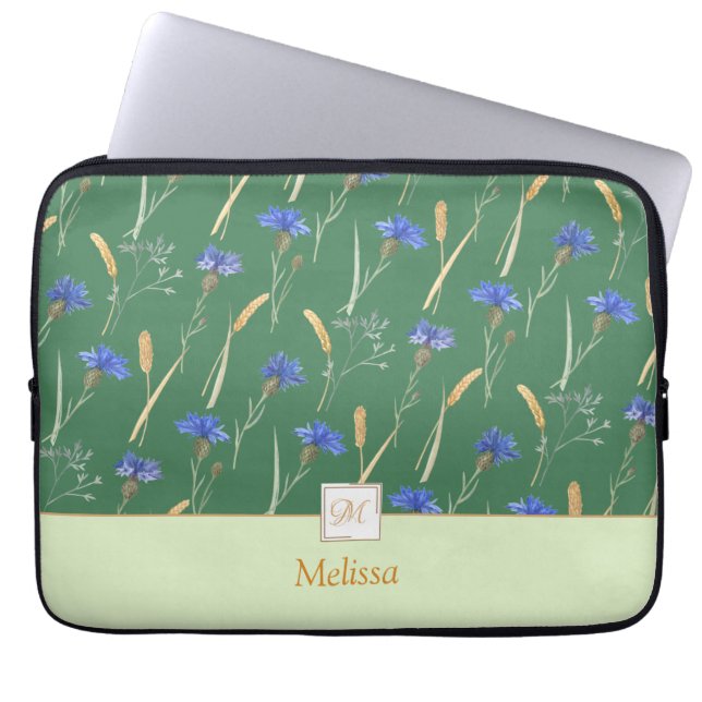 Housse Pour Ordinateur Portable Monogramme vert Fleur sauvage floral (Devant)