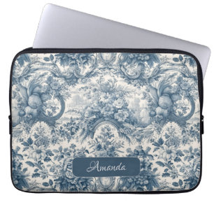 Housse Pour Ordinateur Portable monogramme vintage fleuri Blue toile de jouy