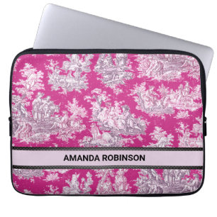 Housse Pour Ordinateur Portable monogramme vintage fleuri rose magenta toile de jo
