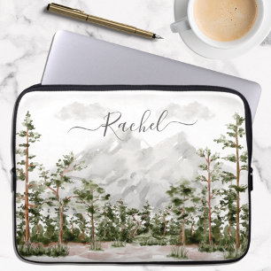 Housse Pour Ordinateur Portable Montagne et forêt aquarelle monogrammée