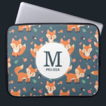 Housse Pour Ordinateur Portable Motif animal de renard orange mignon Monogramme<br><div class="desc">Manches personnalisées pour ordinateur portable avec un motif fait de renards orange mignons et heureux. Arrière - plan vert foncé. Petits champignons et feuilles parsemés. Un cercle blanc superposé avec votre nom et votre monogramme initial à l'intérieur.</div>