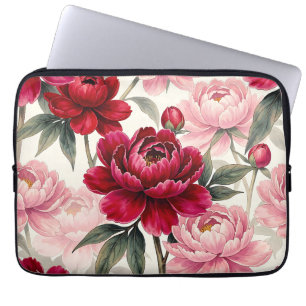 Housse Pour Ordinateur Portable Motif aquarelle floral de pivoine rouge foncé et r