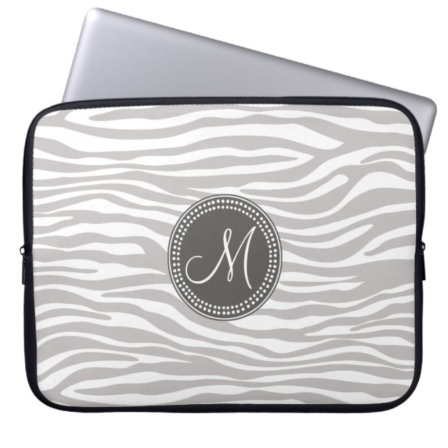 Housse Pour Ordinateur Portable Motif blanc et gris de monogramme de zèbre (Devant)