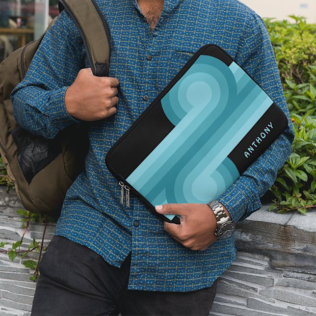 Housse Pour Ordinateur Portable Motif bleu foncé Turquoise Aqua noir rétro (Créateur téléchargé)