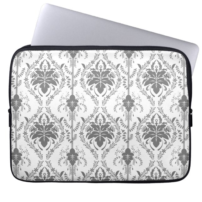 Housse Pour Ordinateur Portable Motif Damask blanc et gris (Devant)
