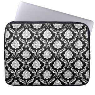Housse Pour Ordinateur Portable Motif Damassé Rococo Blanc sur Fond Noir