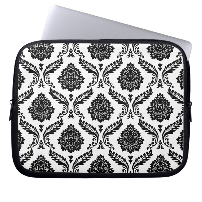 Housse Pour Ordinateur Portable Motif Damassé Rococo Noir sur Blanc (Devant)