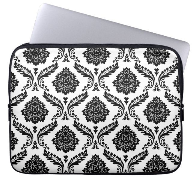 Housse Pour Ordinateur Portable Motif Damassé Rococo Noir sur Blanc (Devant)