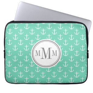 Housse Pour Ordinateur Portable Motif d'Ancre blanc de la menthe Monogram Trio