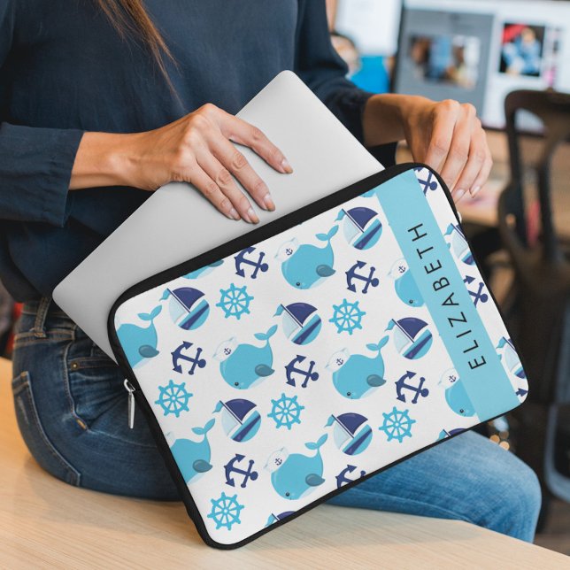 Housse Pour Ordinateur Portable Motif De Baleines, Baleines Bleues, Votre Nom (Créateur téléchargé)