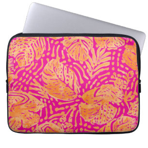 Housse Pour Ordinateur Portable Motif de feuilles tropicales, rose choquant, orang