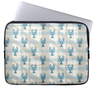 Housse Pour Ordinateur Portable Motif de homard à l'aquarelle bleue sur rayure côt