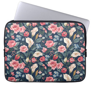 Housse Pour Ordinateur Portable Motif de jardin floral bleu marine romantique