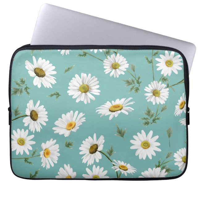 Housse Pour Ordinateur Portable Motif de marguerite, fond sarcelle (Devant)