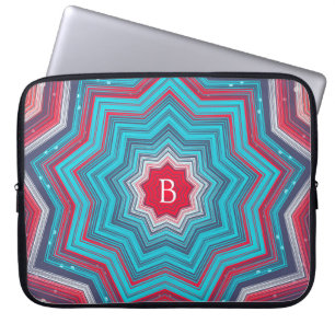 Housse Pour Ordinateur Portable Motif de monogramme en rosace mandala bleu et roug