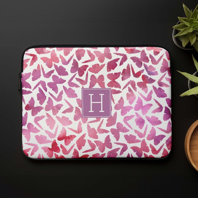 Housse Pour Ordinateur Portable Motif de papillons d'aquarelle violet (Créateur téléchargé)