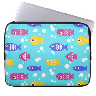 Housse Pour Ordinateur Portable Motif de poissons de dessin animé colorés bleus