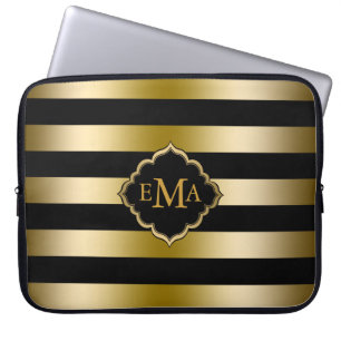 Housse Pour Ordinateur Portable Motif de tons or monogrammes et de bandes noires