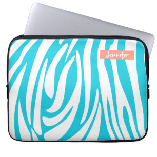 Housse Pour Ordinateur Portable Motif de zèbre rayé couleur turquoise Monogramme