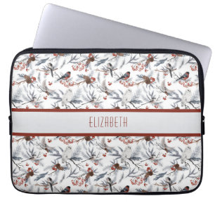 Housse Pour Ordinateur Portable Motif d'oiseau hivernal blanc gris argent branches